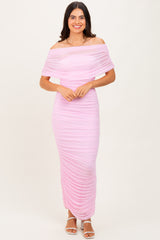 Light Pink Ruched Mesh Foldover Off Shoulder Maxi Dress