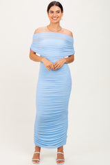 Light Blue Ruched Mesh Foldover Off Shoulder Maternity Maxi Dress