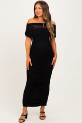 Black Ruched Mesh Foldover Off Shoulder Maternity Maxi Dress