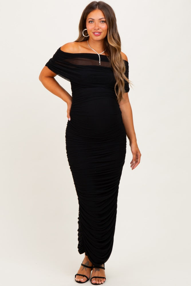 Black Ruched Mesh Foldover Off Shoulder Maternity Maxi Dress