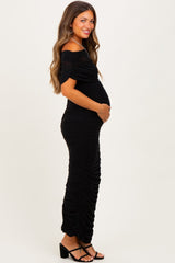 Black Ruched Mesh Foldover Off Shoulder Maternity Maxi Dress