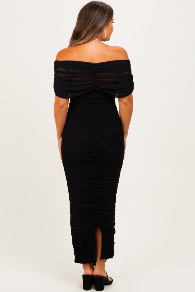 Black Ruched Mesh Foldover Off Shoulder Maternity Maxi Dress