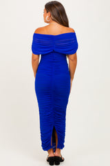 Royal Ruched Mesh Foldover Off Shoulder Maternity Maxi Dress
