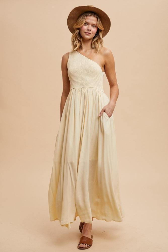 Cream Smocked One Shoulder Maternity Maxi Dress