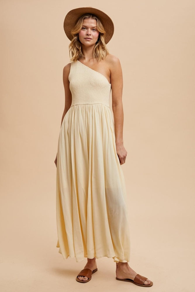 Cream Smocked One Shoulder Maxi Dress