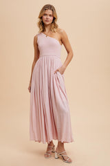 Light Pink Smocked One Shoulder Maternity Maxi Dress
