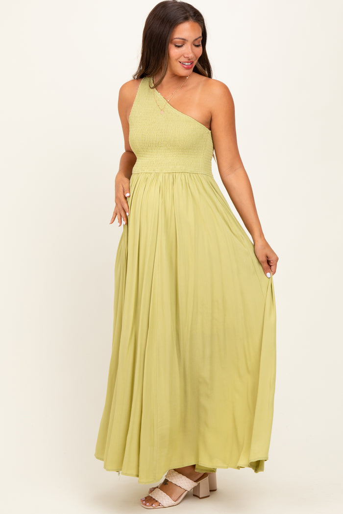 Green Smocked One Shoulder Maternity Maxi Dress