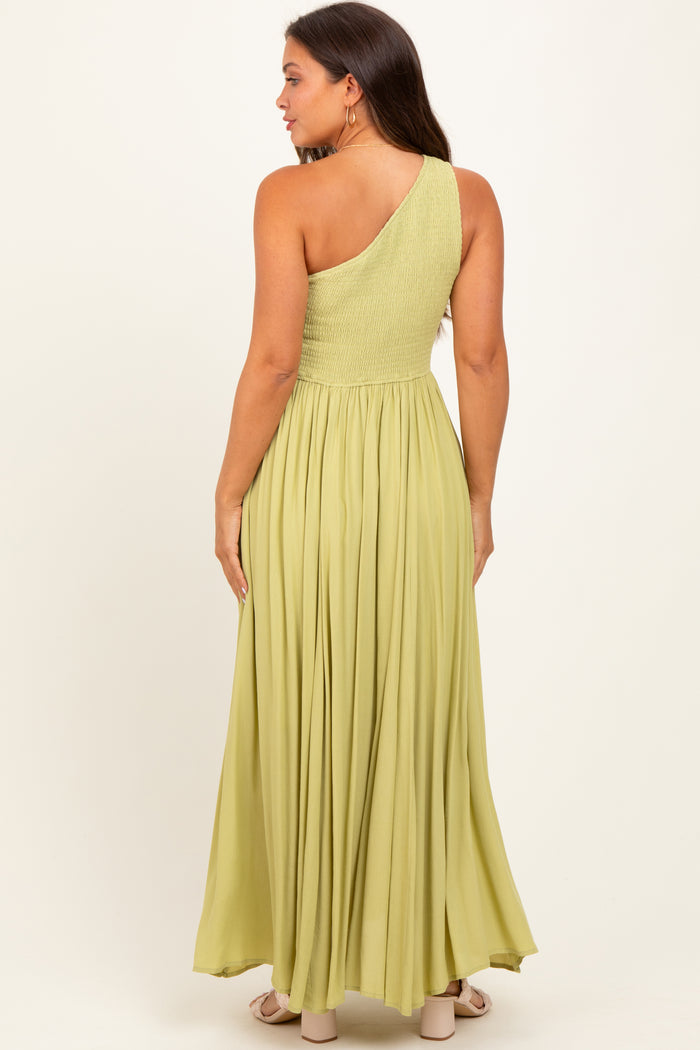 Green Smocked One Shoulder Maternity Maxi Dress