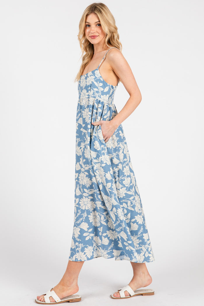 Blue Floral Sleeveless Midi Dress