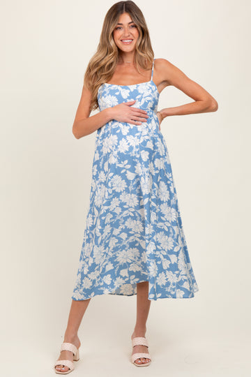 Blue Floral Sleeveless Maternity Midi Dress