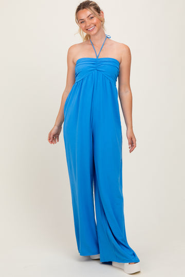 Blue Halter Neck Wide Leg Jumpsuit