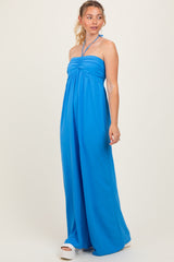 Blue Halter Neck Wide Leg Maternity Jumpsuit