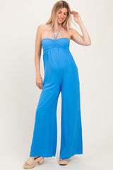 Blue Halter Neck Wide Leg Maternity Jumpsuit