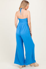 Blue Halter Neck Wide Leg Maternity Jumpsuit