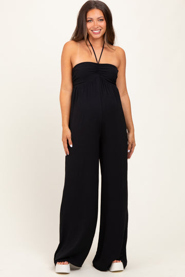 Black Halter Neck Wide Leg Maternity Jumpsuit