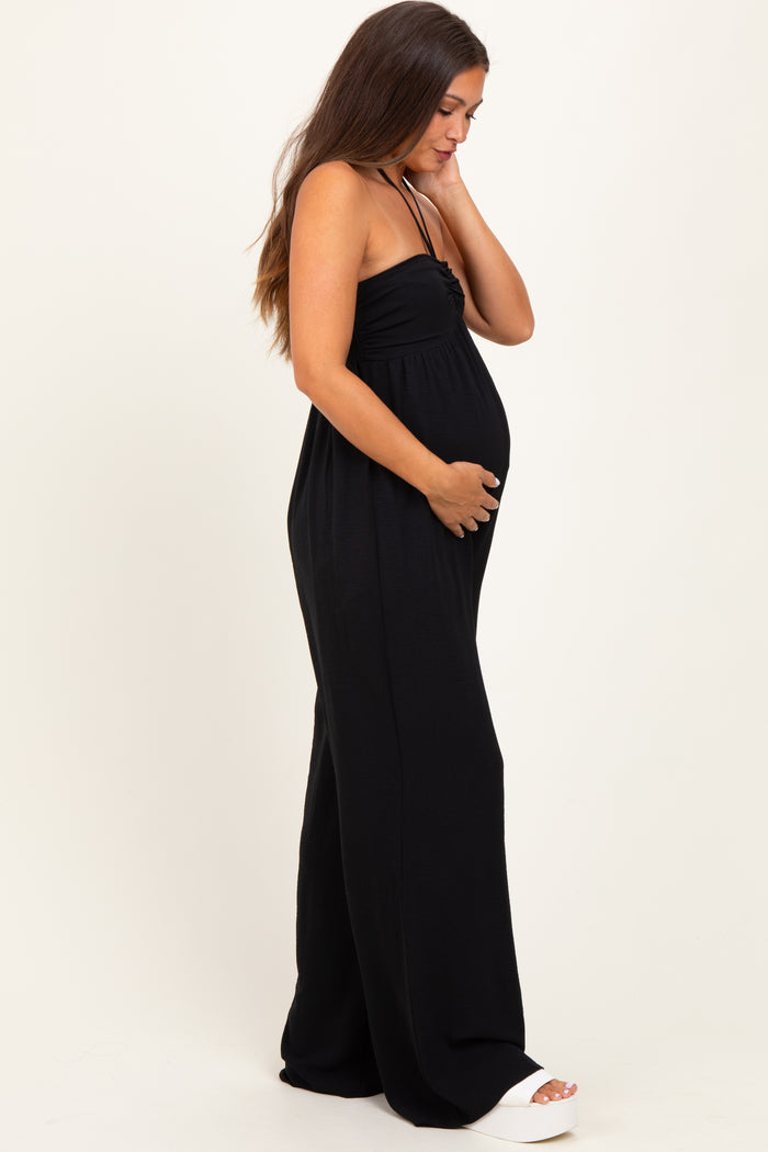 Black Halter Neck Wide Leg Maternity Jumpsuit