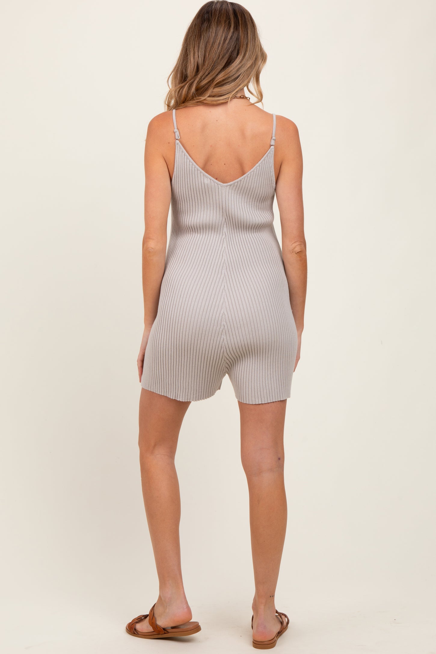 Light Grey Ribbed Knit Sleeveless Maternity Romper
