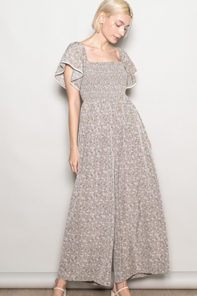Light Taupe Floral Smocked Lace Trim Wide Leg Jumpsuit