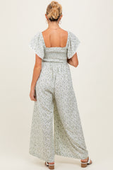 Ivory Floral Smocked Lace Trim Wide Leg Maternity Jumpsuit