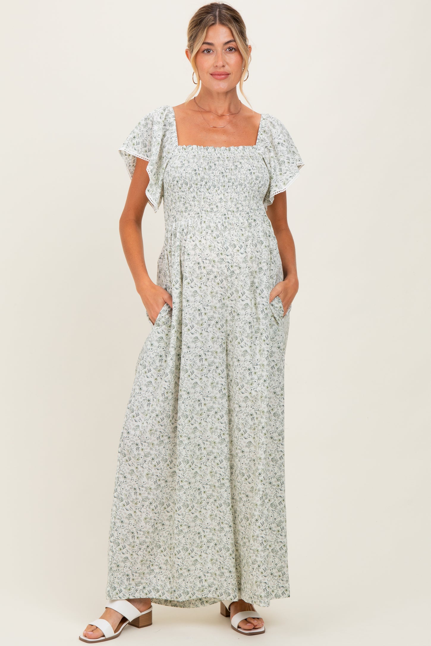 Ivory Floral Smocked Lace Trim Wide Leg Maternity Jumpsuit