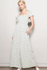 Ivory Floral Smocked Lace Trim Wide Leg Jumpsuit