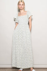 Ivory Floral Smocked Lace Trim Wide Leg Jumpsuit