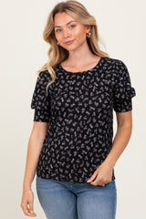Black Floral Ribbed Puff Sleeve Top