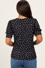 Black Floral Ribbed Puff Sleeve Maternity Top