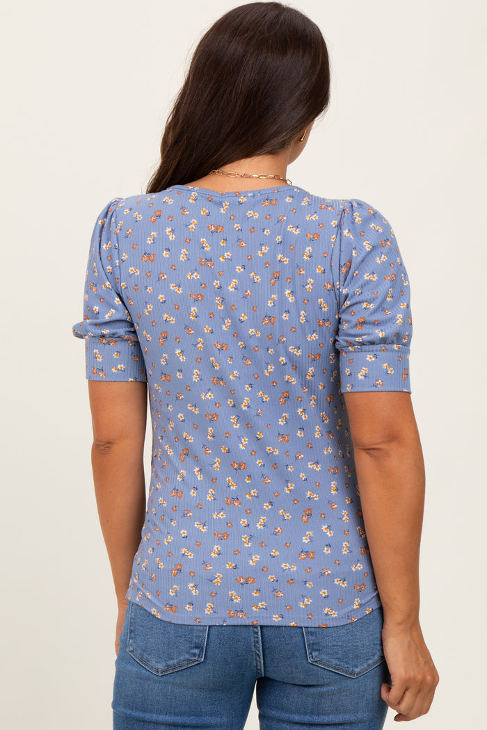 Blue Floral Ribbed Puff Sleeve Maternity Top
