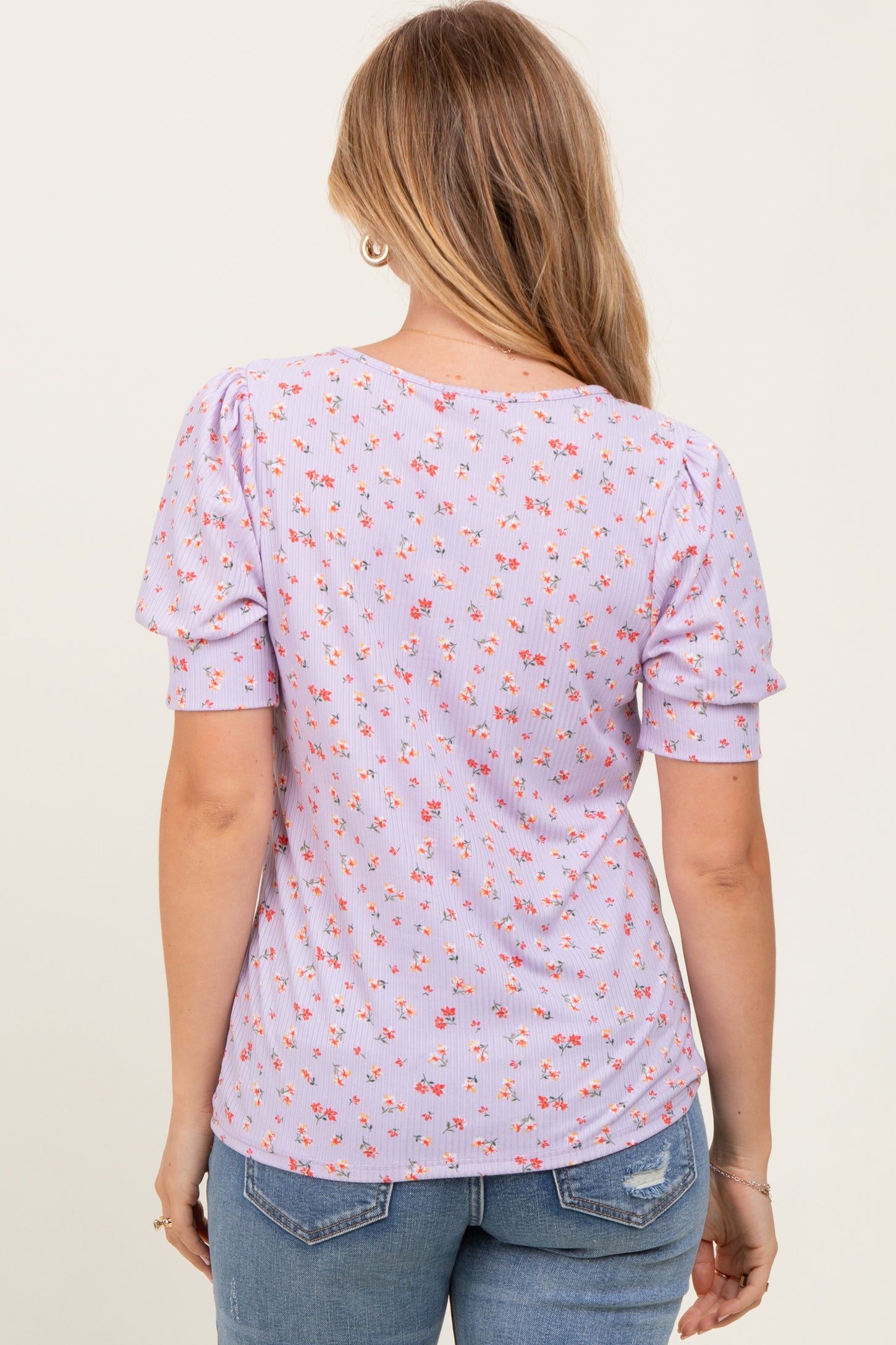 Lavender Floral Ribbed Puff Sleeve Top