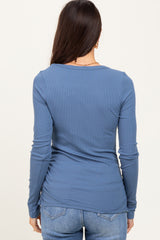 Blue Ribbed Ruched Long Sleeve Top