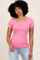 Pink Ribbed Ruched Short Sleeve Top