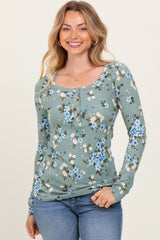 Light Olive Floral Ribbed Henley Top