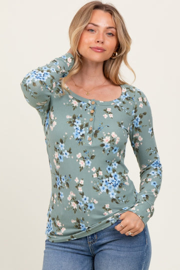 Light Olive Floral Ribbed Henley Top