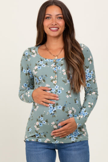 Light Olive Floral Ribbed Maternity Henley Top