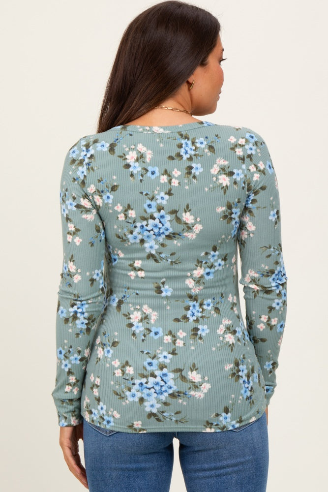 Light Olive Floral Ribbed Maternity Henley Top