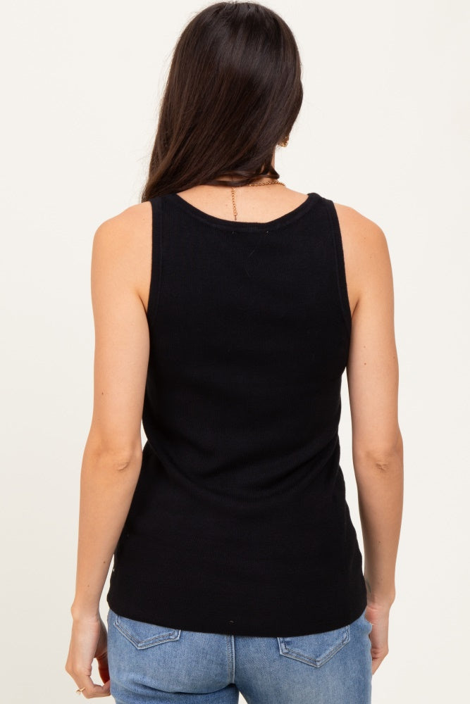 Black Ribbed Knit Button Tank Top