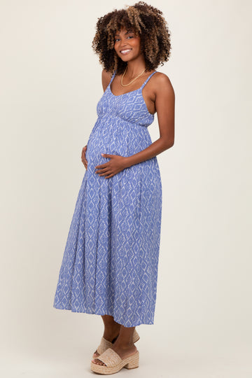 Blue Printed Sleeveless Maternity Midi Dress