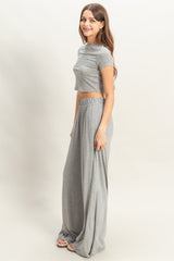 Heather Grey Cropped Short Sleeve Wide Leg Pants Set