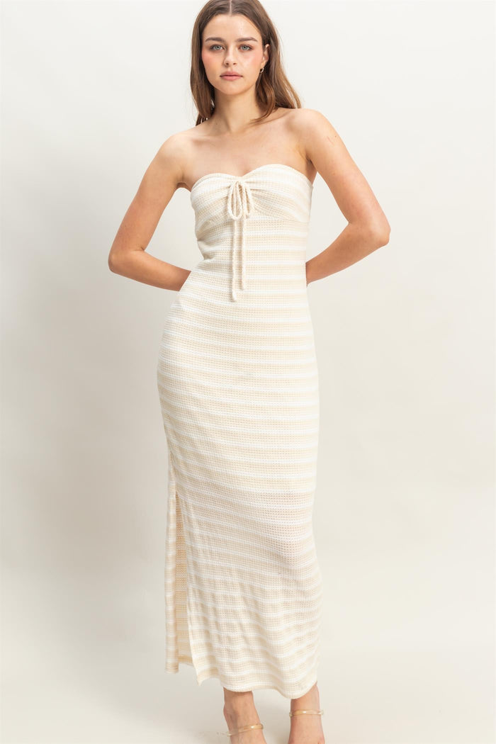 Cream Striped Knit Strapless Side Slit Maxi Dress