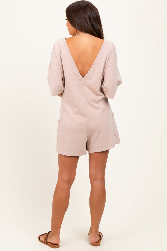 Beige V Back Short Sleeve Pocketed Maternity Romper