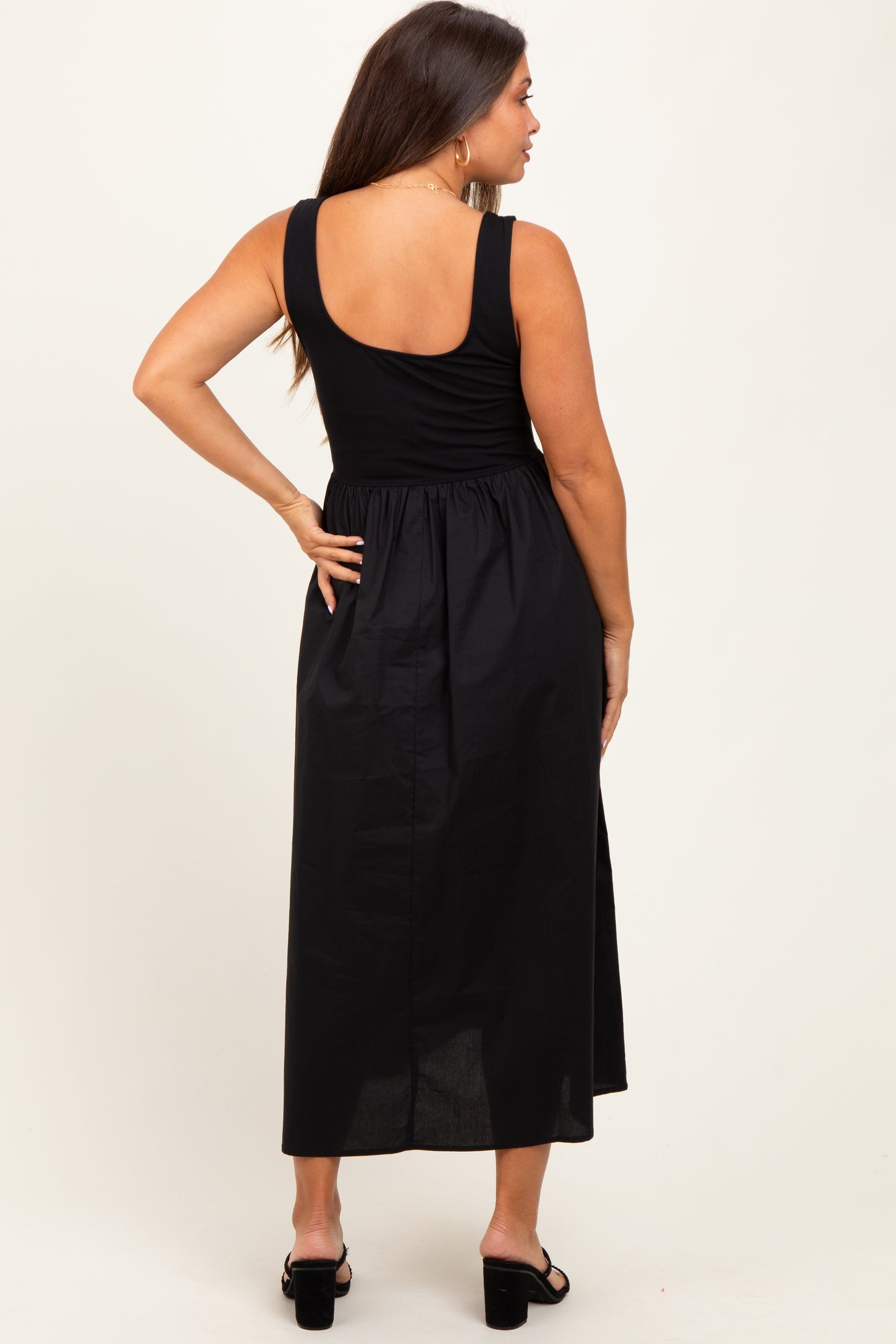 Black Contrast Sleeveless Square Neck Maternity Midi Dress