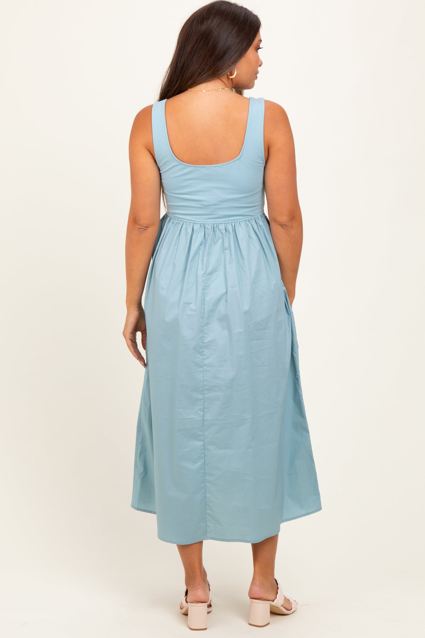 Light Blue Contrast Sleeveless Square Neck Maternity Midi Dress