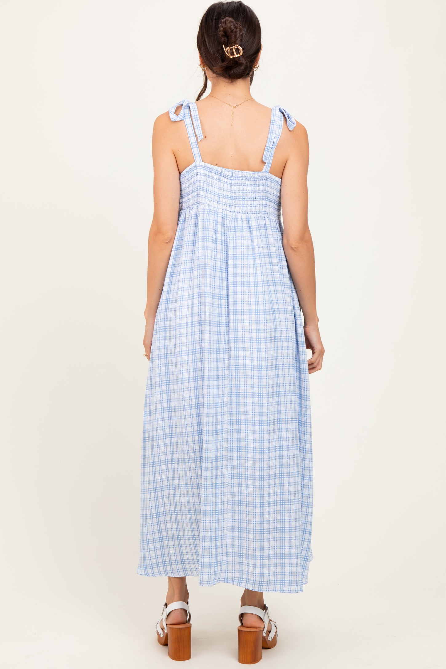 Blue Plaid Smocked Shoulder Tie Maxi Dress