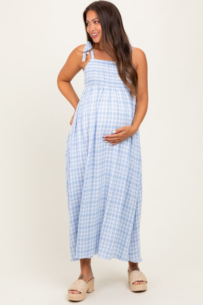 Blue Plaid Smocked Shoulder Tie Maternity Maxi Dress