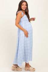 Blue Plaid Smocked Shoulder Tie Maternity Maxi Dress