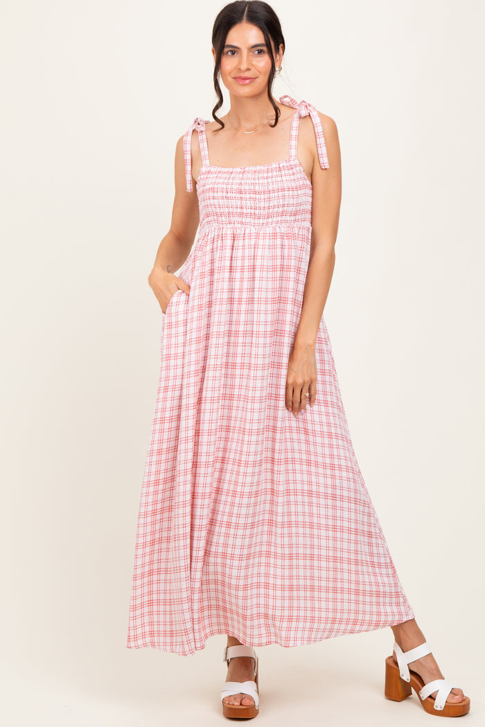 Pink Plaid Smocked Shoulder Tie Maxi Dress