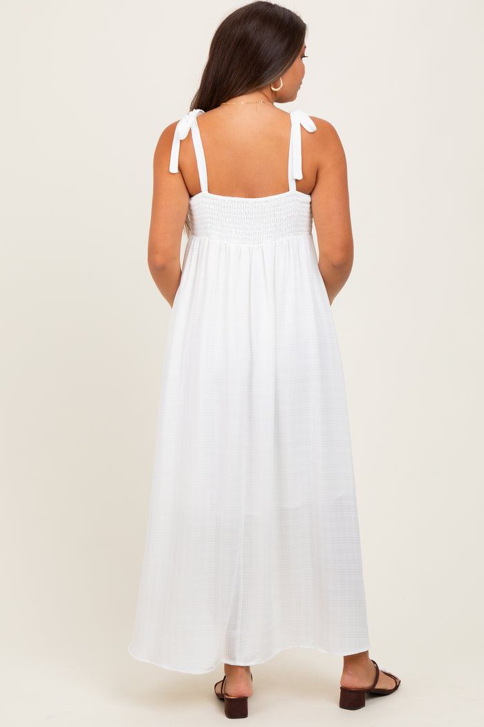 White Plaid Smocked Shoulder Tie Maternity Maxi Dress