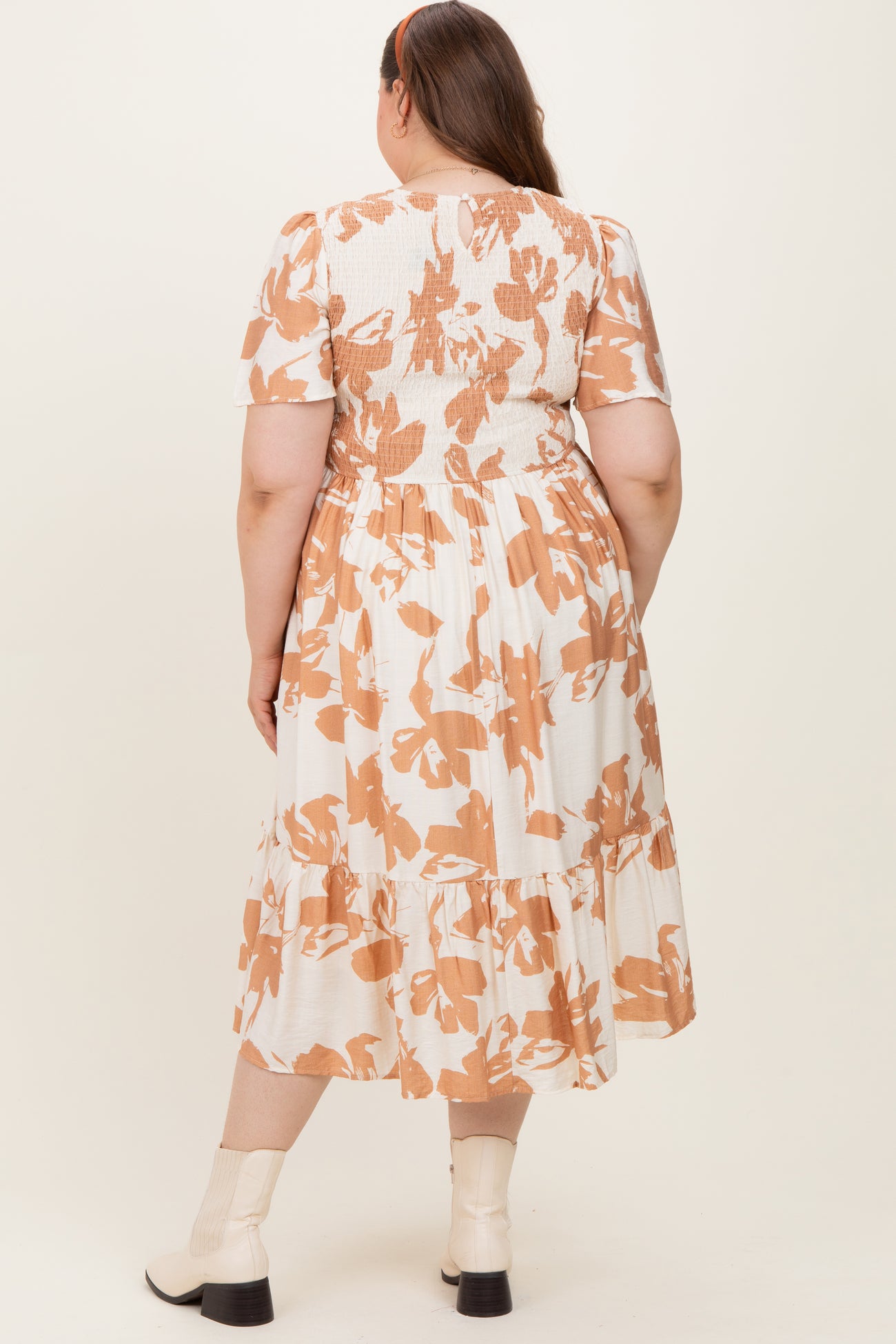 woman wearing a maternity plus white dress with orange floral pattern and tiered skirt, seen from the back