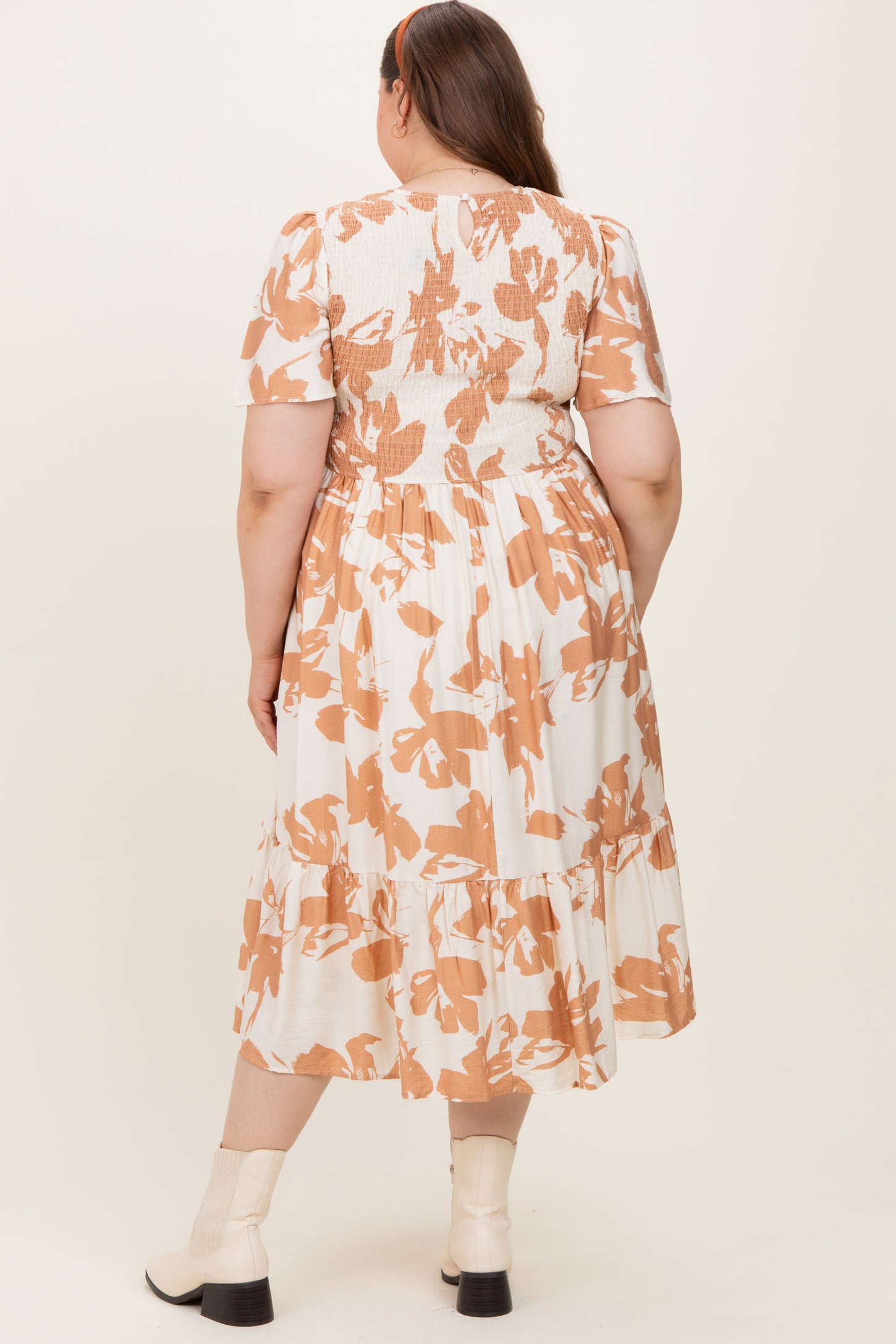 woman wearing a maternity plus white dress with orange floral pattern and tiered skirt, seen from the back